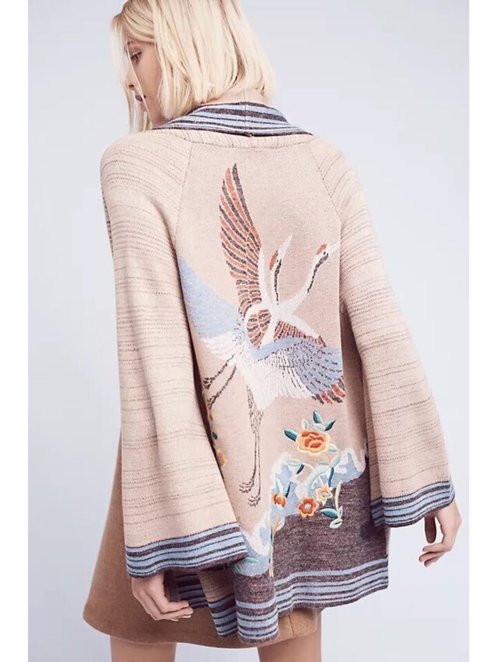 Anthropologie HWR Embroidered Crane Cardigan Medium